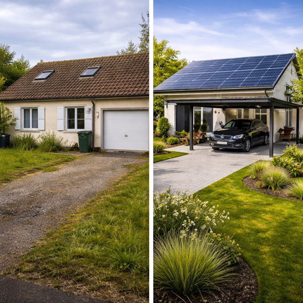 Panneaux solaires carport maison résidentielle